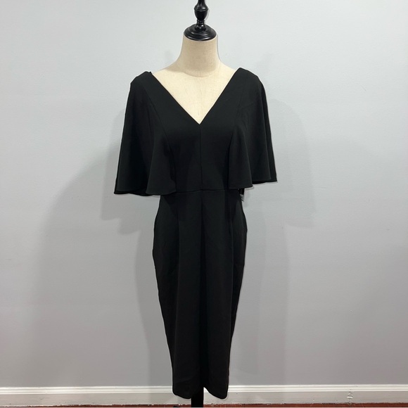 BETSY & ADAM Black Flutter V Neck Knee Length Party Sheath Dress - Reemoly - Picture 7 of 15